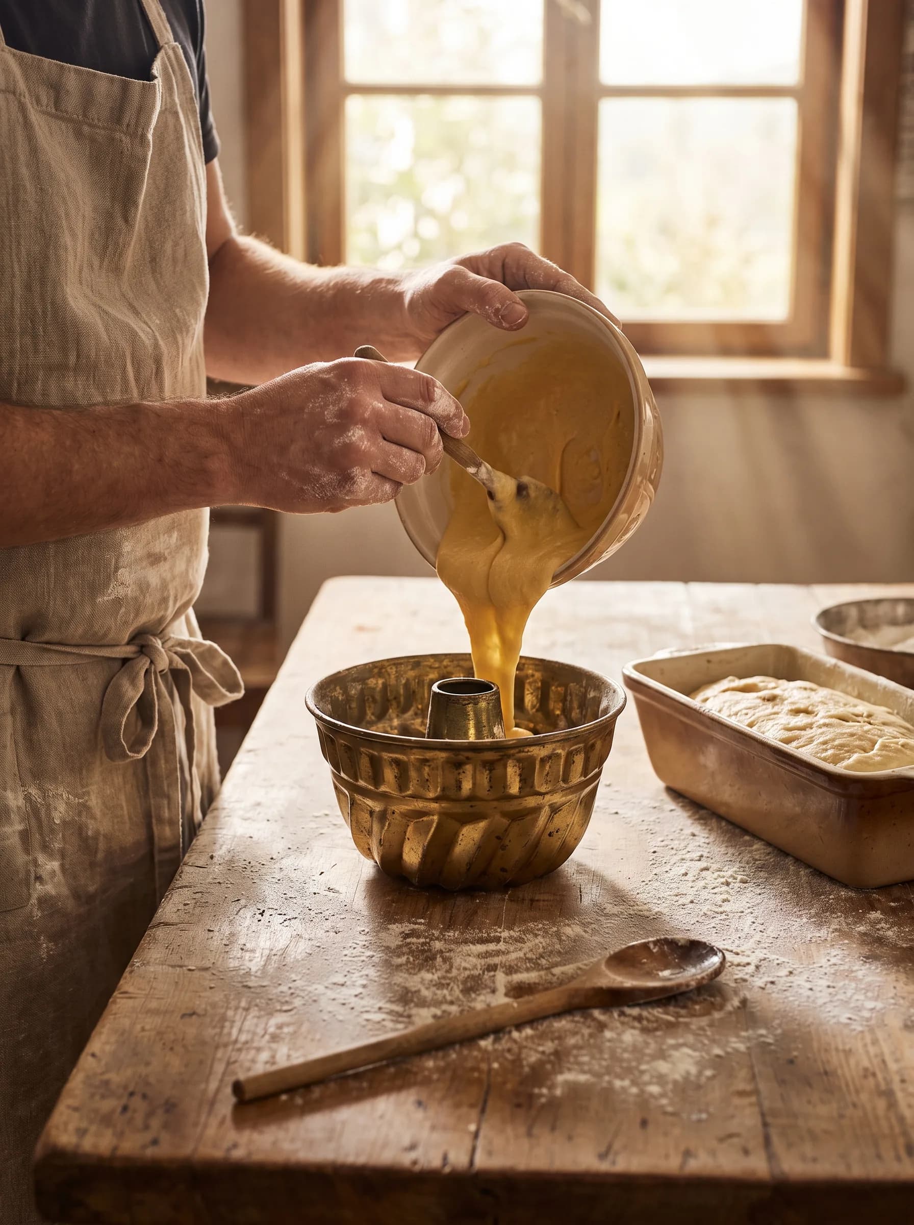 Hände gießen goldenen Kuchenteig in eine handgemachte Gugelhupfform auf einer mehlbestäubten Arbeitsfläche.