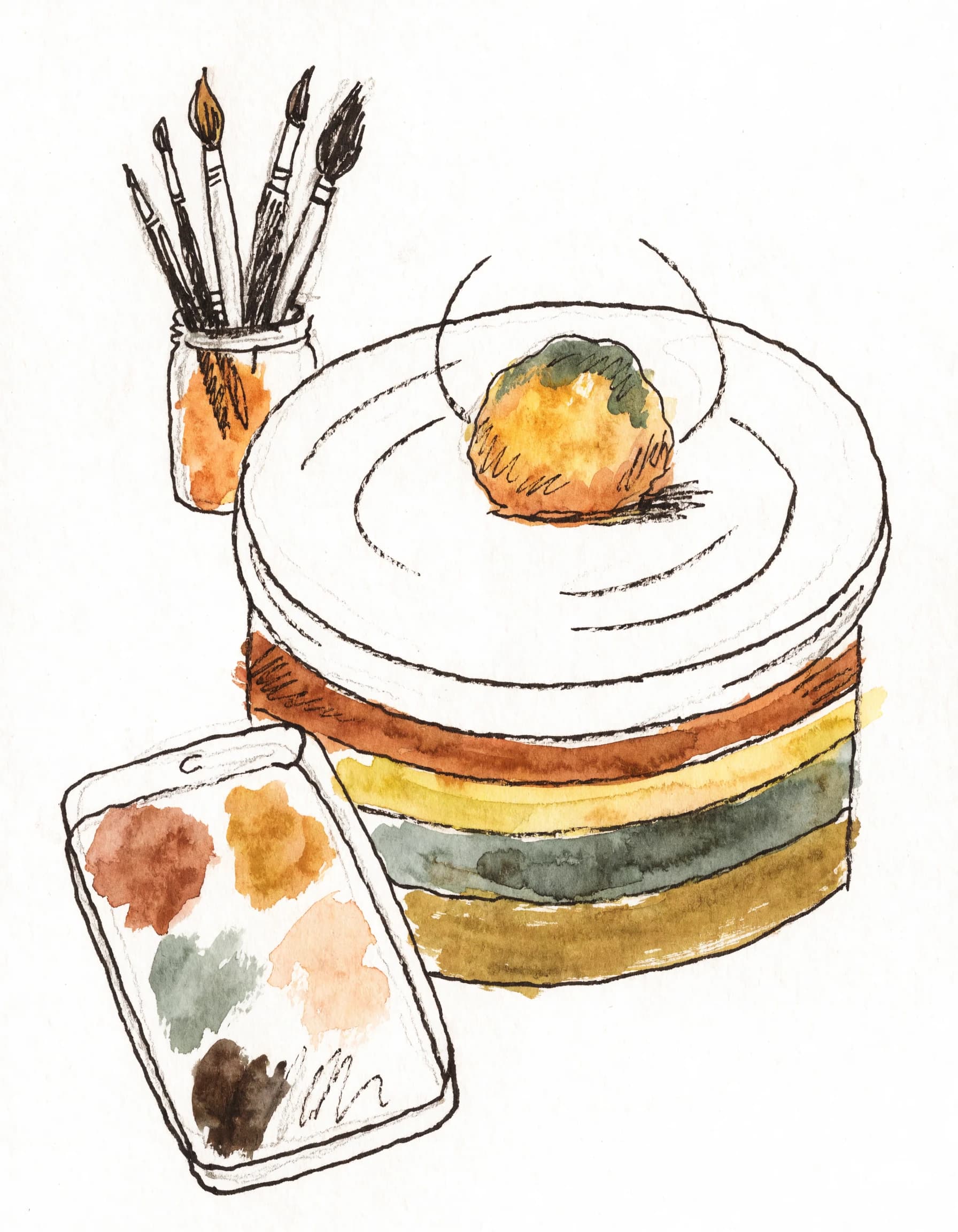 Verspielte Illustration von Pinseln, einer Wasserfarbenpalette und einem Tonklumpen auf der Töpferscheibe