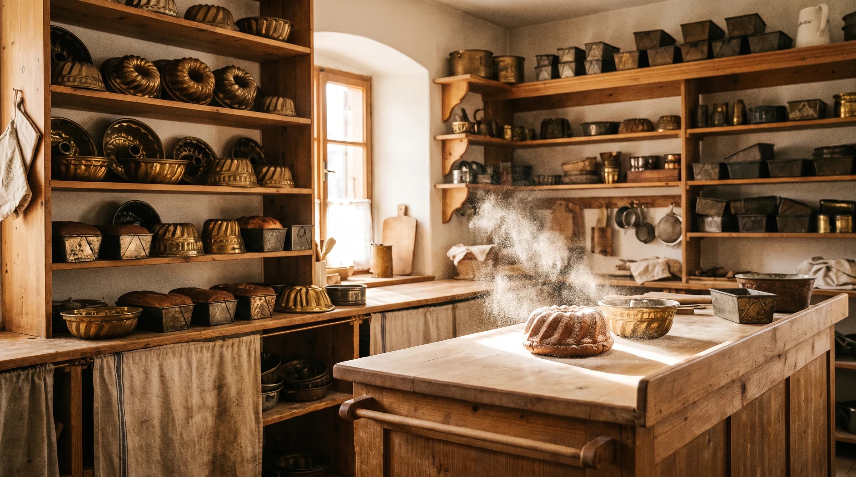 Holzregale einer Backstube mit handgemachten Messing- und Blechbackformen in verschiedenen Formen.